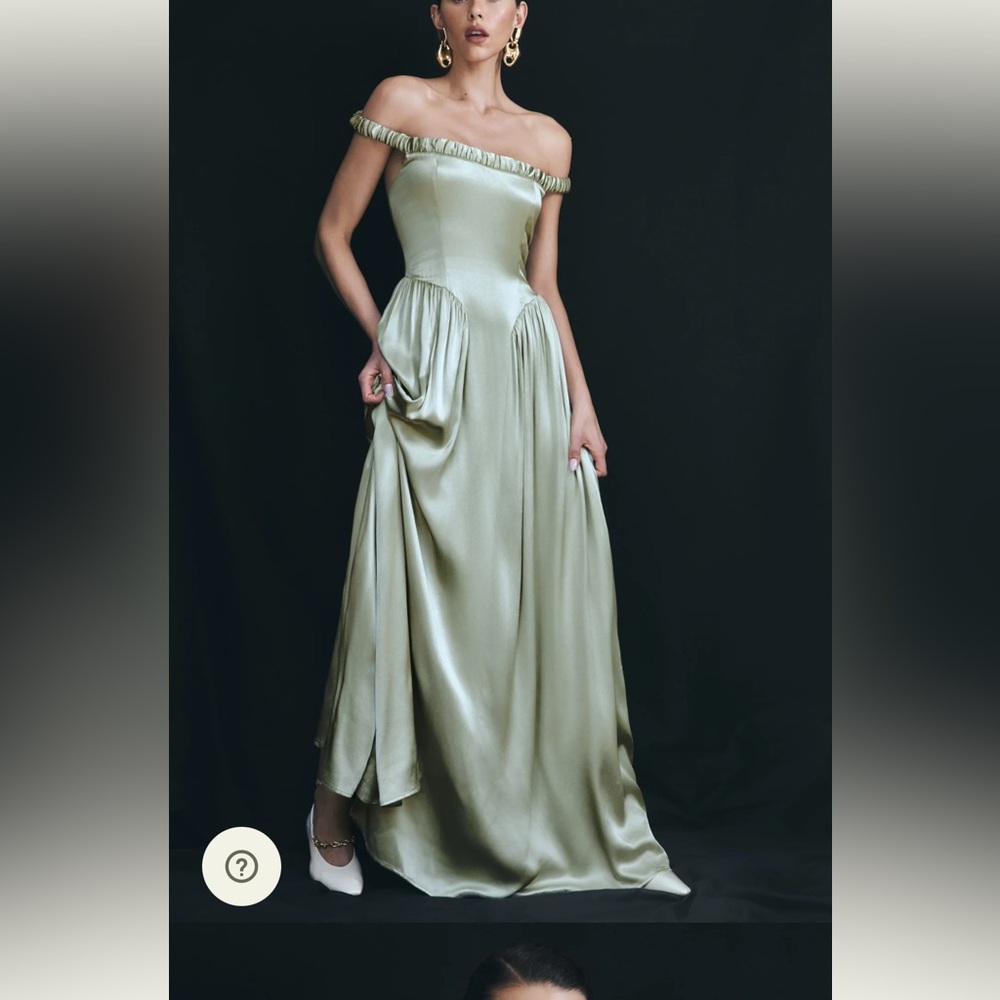 Meshki Off-Shoulder Satin Maxi Dress in Light Green